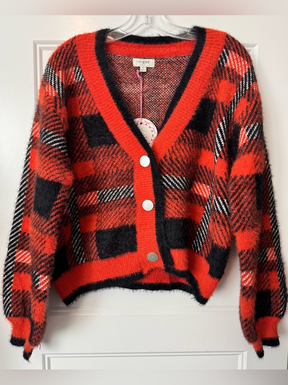 NWT Umgee Red Black Plaid Fuzzy Cardigan Sweater Oversized Button Front Size M